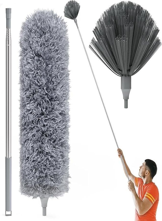 Hollerich 2 in 1 Long Handle Microfiber Feather Duster with Extension Pole 30-100 Inch with Anti Scratch Bendable Head for Cleaning High Cobweb Stick high Ceiling Fan Mop (Grey) - Image 1